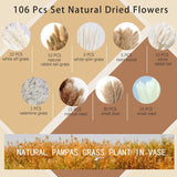 106Pcs Natural Dried Pampas Grass Decor With Vase Artificial Flowers In Vase Boho Home Decor Bouquet Bunny Tails Dried Flowers, Reed Grass Bouquet For Wedding Floral Arrangements (106Pcs)