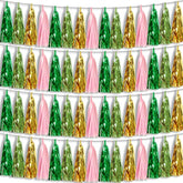 4P Sage-Green Pink-Gold Foil Fringe Metallic Tassel Garland, Tassels Banner Streamers For Parade Floats, Bachelorette, Wedding, Birthday, Halloween, Christmas, Bridal/Baby Shower Party Decorations