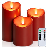 Burgundy Flameless Candles, Waterproof Flickering Flameless Candles, Outdoor Battery Operated Led Pillar Candles With Remote Timer, Electric Fake Plastic Candles, D3 X H4 5" 6", Red, 3 Pack