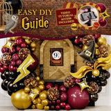 All-In-1 Magical Wizard Balloons Garland Arch Kit With Bonus Hat, Wings, Lightning, Stars – Wizard Birthday Party Decorations & Supplies For Baby Shower, Chosen One, Burgundy Black Hogwarts Balloons