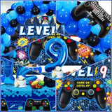 90Pcs Video Game Party Decorations For Boys Set Blue - 9Th Birthday Supplies - Video Game Backdrop, Balloons, Tablecloth, Gamer And 9 Foil Balloons