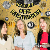 Black & Gold 40th Birthday Decoration Set β Glitter Banner, Poms and Hanging Swirls Party Kit