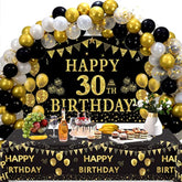 30Th Birthday Decorations Women Men - Black Gold Happy 30Th Birthday Banner, 2 Pcs Birthday Tablecloth, 60 Pcs Latex Confetti Balloons, 30 Years Old Bday Party Supplies Gifts Ideas Him Her