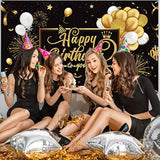 Happy Birthday Banner Sign Poster Large Fabric Glitter Balloon Fireworks Sign Photo Backdrop Background For Birthday Decoration Supplies, 72.8 X 43.3In (Black And Gold)