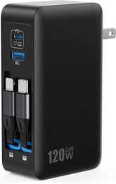 120W USB C GaN Charger Block with 2 Retractable Cables 4 in 1 Fast Charging Wall Charger for MacBook iPhone Samsung