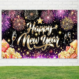 Happy New Year Backdrop 71x43in Gold Glitter Fireworks Party Banner