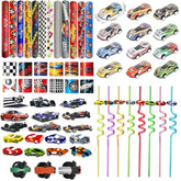 108Pcs Race Car Party Favors - Themed Birthday Goodie Bags With Party Straws, Bubble Slap Bracelets, Diy Car Stickers, Pencil Caps