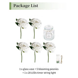Fake Flowers In Vase For Table: White Artificial Peony With Glass Vase Led Light For Centerpieces Decor - Small Faux Arrangements Desk Vanity Bathroom Office Decoration