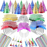 120pcs 2026 New Year Party Hats Tiara Necklaces Squawkers Multicolor