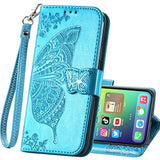 For Iphone 16E Phone Case Wallet,Women Flip Folio Cover With Credit Card Holders Butterfly Flower Embossed Pu Leather Purse Magnetic Wrist Strap Kickstand Case For Iphone 16E Blue