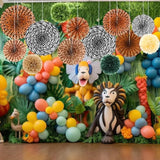 21 Pcs Jungle Safari Party Decorations Safari Theme Hanging Decoration Animal Print Hanging Paper Fans Green Tissue Paper Pom Poms Jungle Supplies For Wild Birthday Baby Shower Party Supplies
