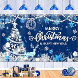 Blue Merry Christmas and New Year Photo Backdrop with Snowflakes and Tree Decor