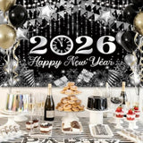 Black Silver Happy New Year Backdrop 6x3.6ft Gold Bokeh Balloons 2026
