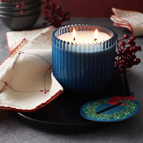 Home For The Holidays Roland Pine Soy Candle, 14 Oz Blue Two-Wick Ribbed Glass Candle