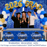 7-Pack Graduation Party Decorations Kit: 3 Blue Graduation Tablecloths (54"X108") + 2 Foil Balloons (2026 & Grad) + 2 Matching Foil Backdrop Curtains, Leakproof & Sturdy