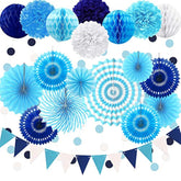 Navy Blue Party Decoration,23Pcs Hanging Paper Fans,Pom Poms Flowers,Garland String Polka Dot And Triangle Bunting Flag Packs For Boy Birthday, Bridal Shower,Baby Boy Showers,Wedding