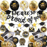 Graduation Decorations Class Of 2025, Black And Gold Graduation Balloons With Hanging Swirl, We Are So Proud Of You Banner, Congrats Grad Garland Party Supplies