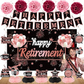 20Pcs Happy Retirement Party Decorations Kit For Women, Rose Gold Retirement Banner Balloons Honeycomb Centerpiece Swirl Paper Pompoms Party Supplies, Retired Sash Table Topper Swirls Set