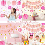 Pink Birthday Decorations - Happy Banner With Honeycomb Ball, Daisy Flower Hanging Swirl Streamer, Circle Dot Garland - Party Decoration For Women Girls