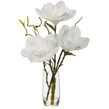 Faux Flowers In Vase 15.4" Magnolias Flowers Arrangement With Faux Water Real Touch Flowers For Wedding Table Centerpiece Home Decor, White