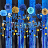 2 Pack 3.3x6.6ft Black & Blue Metallic Tinsel Backdrop Curtains for Parties & Events