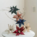 11.8’’ Large Glitter Christmas Flower 6 Pcs Artificial Velvet Poinsettia Flowers Ornaments Glitter Christmas Tree Flowers Big Xmas Tree Wreath New Year Decorations (Dark Green 11.8'')