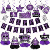 Purple Birthday Decorations for Women, Banner, Swirls & Honeycomb Centerpieces