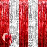 4 Pack 3.2Ft X 8.2Ft Red And Silver Fringe Curtain Backdrop, Metallic Tinsel Foil Fringe Streamers Curtains Background For Photo Booth Wedding Circus Welcome Carnival Birthday Party Decorations