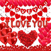 Valentine Day Party Supplies I Love You & Love-Bear Balloons Kit With 1000 Pcs Dark-Red Silk Rose Petals & Romantic Flower Decoration Red Heart Balloons Swirls For Wedding Decorations