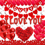 Valentine Day Party Supplies I Love You & Love-Bear Balloons Kit With 1000 Pcs Dark-Red Silk Rose Petals & Romantic Flower Decoration Red Heart Balloons Swirls For Wedding Decorations
