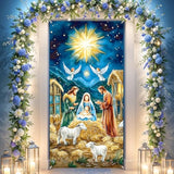 Nativity Christmas Door Cover Decorations - Jesus Holy Night Banner Blue Gold Religious Xmas Scene Sheep Front Door Cover Banner Backdrop For Holiday Farmhouse Decor