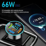 66W 5-Port Usb Car Charger Pd 30W Qc3.0 3.1A Cigarette Lighter Usb Charger With Led Voltmeter - Fast Charging Compatible With Iphone Ipad Samsung
