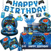 Video Game Birthday Decorations,142Pcs Gamer Birthday Party Decorations Tableware Plates And Napkins,Banner,Tablecloth,Cup,Blue Video Game Decorations For Boys Birthday Party Decorations