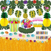 Tropical Luau Party Decoration Pack Hawaiian Beach Theme Party Favors Luau Party Supplies (112 Pcs) Including Banner, Table Skirt, Straws, Flamingo, Pineapple Décors.