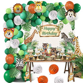 Safari Birthday Decor Set Jungle Backdrop, Animal Balloons & Green Garland