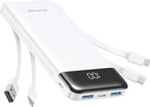 10000mAh Portable Power Bank 3A Fast Charging with 4 Built In Cables LED Display 6 Outputs