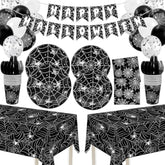 Halloween Spiderweb Tableware Set Disposable Plates Cups Napkins Cutlery Banner Decor Black
