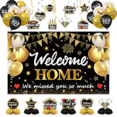 Welcome Home Decorations 30PC Black & Gold Set with Banner, Balloons, Swirls and Centerpieces