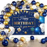 Navy Blue Birthday Confetti Balloons Kit Set 50 Pieces Photography Backdrop Banner Package For Boys Girls Men Women Birthday Party Decorations Supplies(Navy Blue And Gold)