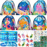 12 Sets Under The Sea Party Favors Birthday Supplies For Kids, Sea Animal Drawstring Bags Silicone Wristbands Luminous Stickers Keychain, Goodie Bag Stuffers Ocean Themed Party Favors Supplies