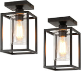 2 Pack Farmhouse Semi Flush Mount Ceiling Lights Black Metal Frame with Clear Glass