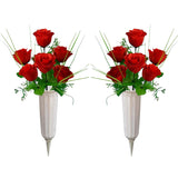 2-Pack Artificial Memorial Flowers With Vases - Beautiful Cemetery Decorations For Grave (Red)