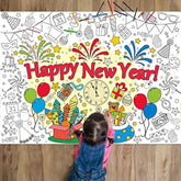 Giant Happy New Year Coloring Poster For Kids 2026 New Years Eve Giant Coloring Tablecloth Large Books Huge Sheet Page Table Cover For Wall Boys Girls Classroom Home Holiday Party Supplies 31X43In