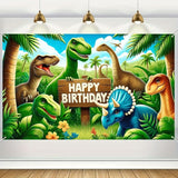 71×43" Dinosaur Jungle Birthday Banner with T-Rex & Triceratops Backdrop