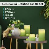 Green Ombre Led Candles With Remote, 4 Pillar And 4 Votives Pack Of 8, Real Wax Flameless Flickering Candles For Home Décor, Battery Operated