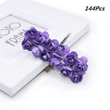 144 Pcs Artificial Mini Fake Rose Flower, Handmade Small Paper Flowers For Crafts Wedding Bouquet Mini Paper Flowers With Stems For Diy Crafts Gift Wreath Scrapbooking Hairclips Decoration(Purple)