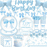Blue Bow Birthday Decorations, Coquette Party Decorations Light Blue And White Banner Foil Balloons Plates And Napkins Cake Toppers Tablecloth For Girls Women Bachelorette Baby Shower Party Decor