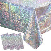 3 Pack New Iridescent Silver Tablecloth Party Decorations, Holographic Silver Glitter Plastic Tablecloth, Disposable Laser Rectangle Table Cover For Disco Birthday 70S Theme Party Decorations, 54X108"