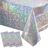 3 Pack New Iridescent Silver Tablecloth Party Decorations, Holographic Silver Glitter Plastic Tablecloth, Disposable Laser Rectangle Table Cover For Disco Birthday 70S Theme Party Decorations, 54X108"
