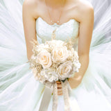Wedding Bouquets For Bride, Champagne White Bridal Bridesmaid Wedding Flowers, Artificial Toss Rose For Civil Ceremony (Hollow Lace Ribbon Handle)